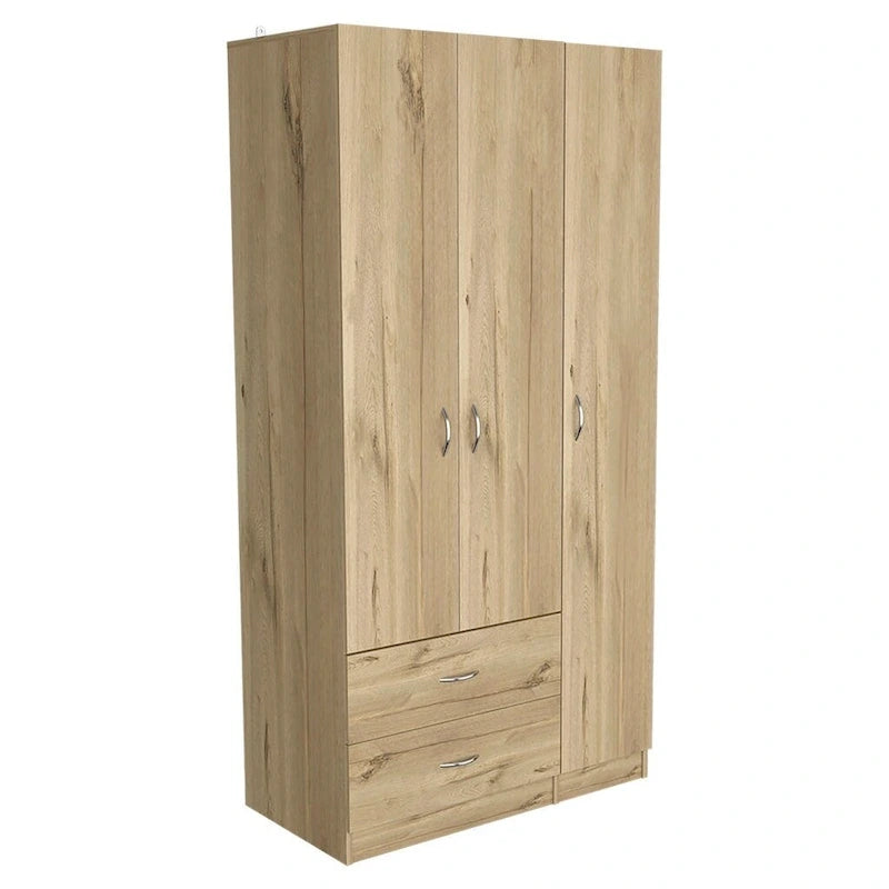 Armoire penderie 3 portes avec tiroirs, étagères et tringle, blanc et beige