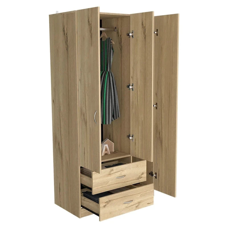 Armoire penderie 3 portes avec tiroirs, étagères et tringle, blanc et beige