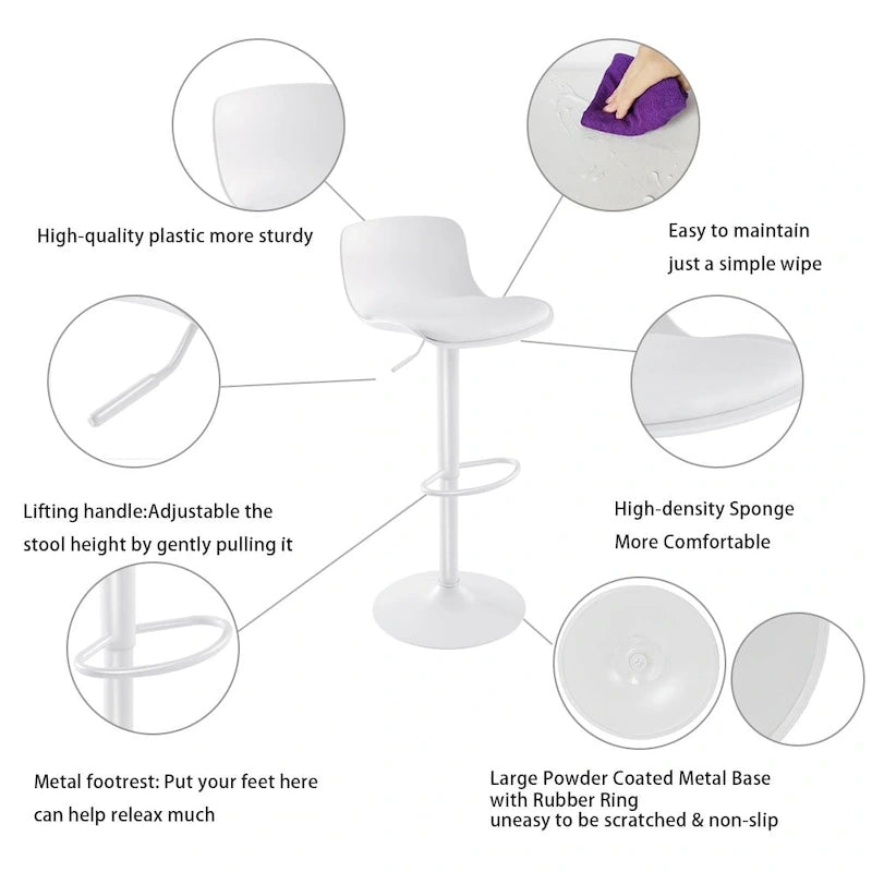 Tabouret de bar pivotant réglable avec dossier ergonomique et repose-pieds, noir et blanc