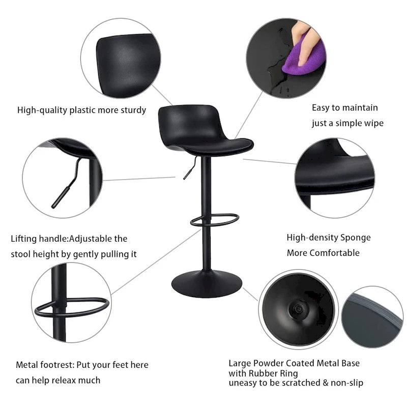 Tabouret de bar pivotant réglable avec dossier ergonomique et repose-pieds, noir et blanc