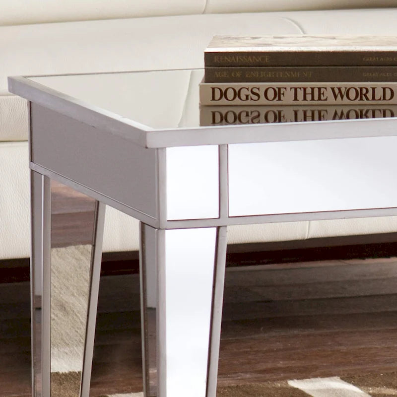 Table basse rectangulaire en miroir argenté glamour avec bordure métallique