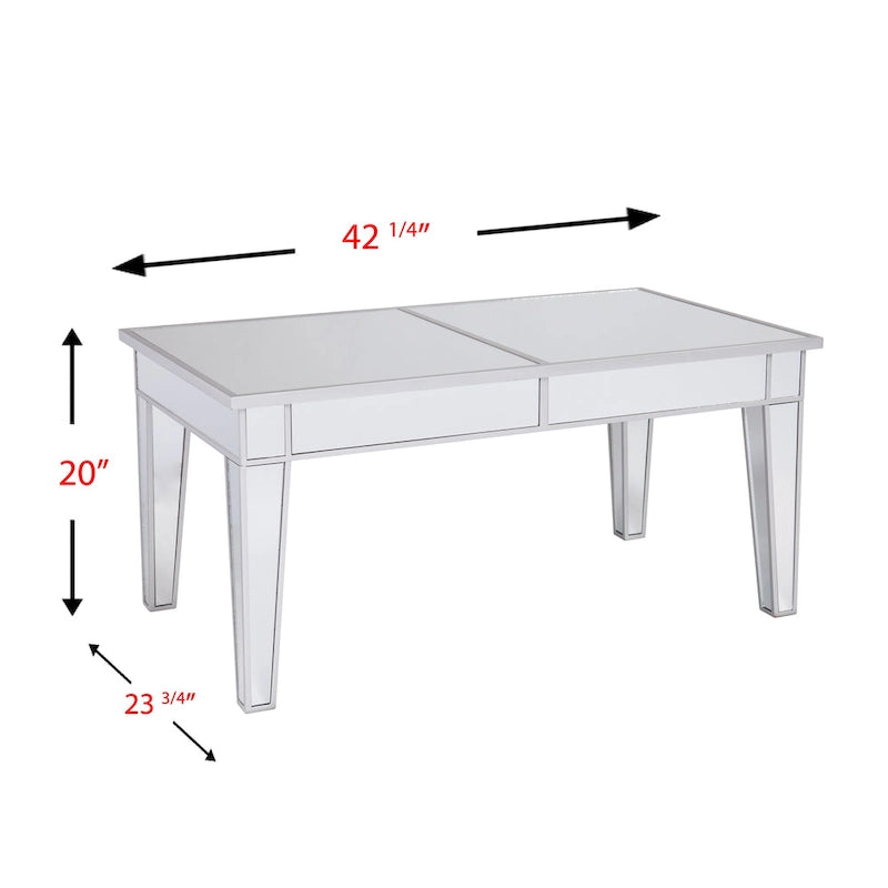 Table basse rectangulaire en miroir argenté glamour avec bordure métallique