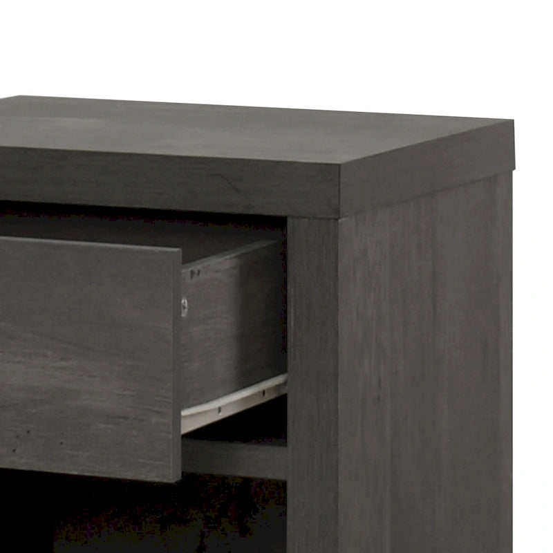 Table de chevet Mid-Century Modern en noyer imitation bois avec un tiroir et une étagère ouverte