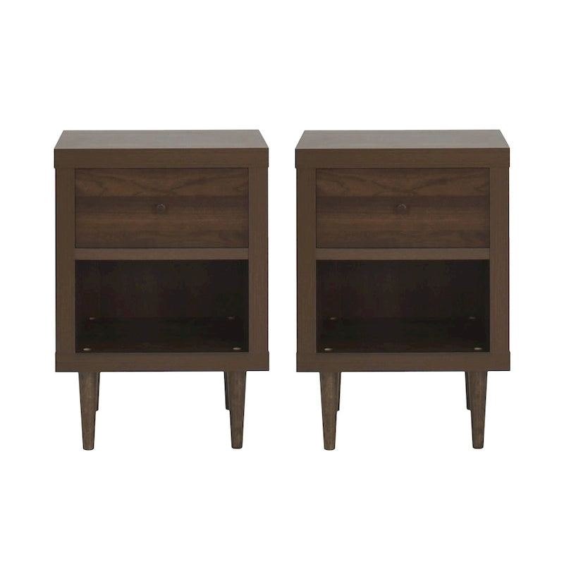 Table de chevet Mid-Century Modern en noyer imitation bois avec un tiroir et une étagère ouverte