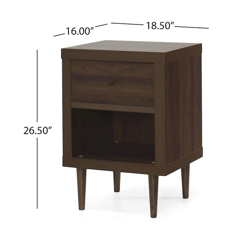 Table de chevet Mid-Century Modern en noyer imitation bois avec un tiroir et une étagère ouverte