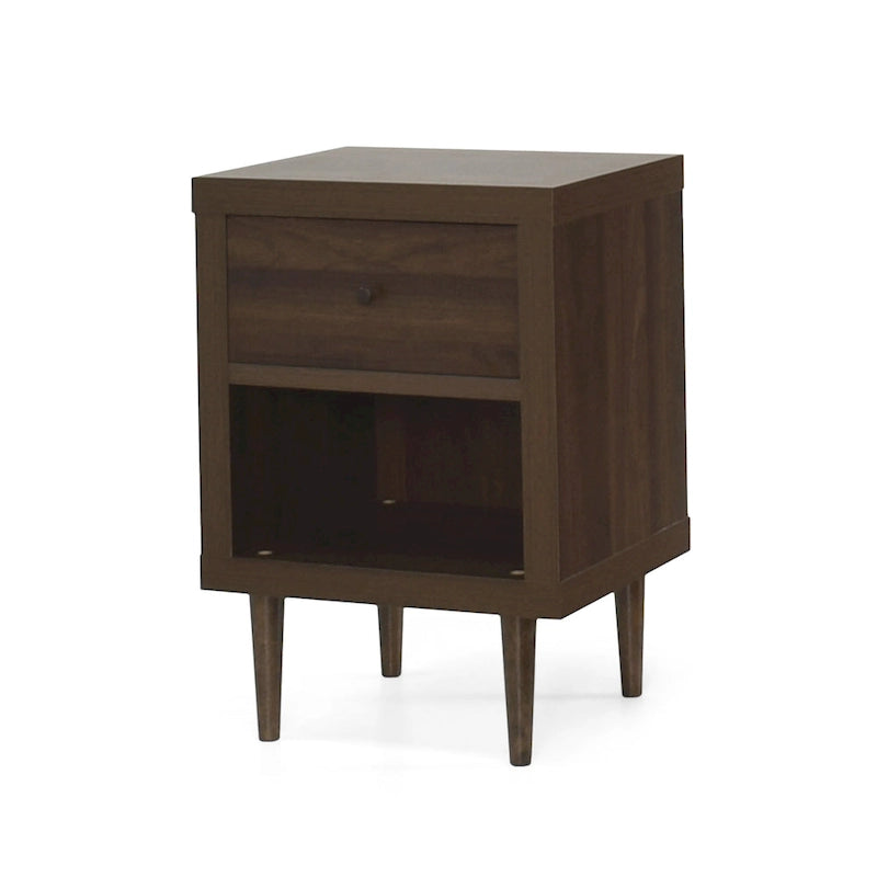 Table de chevet Mid-Century Modern en noyer imitation bois avec un tiroir et une étagère ouverte