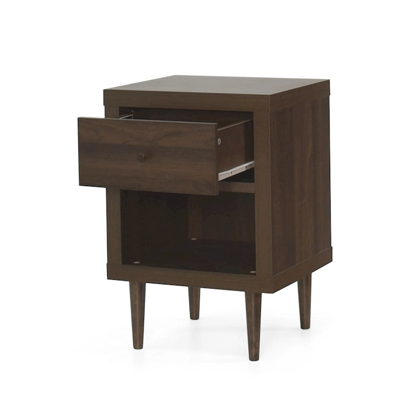 Table de chevet Mid-Century Modern en noyer imitation bois avec un tiroir et une étagère ouverte