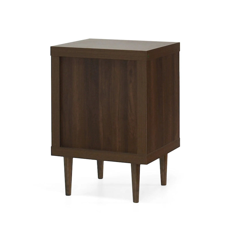 Table de chevet Mid-Century Modern en noyer imitation bois avec un tiroir et une étagère ouverte