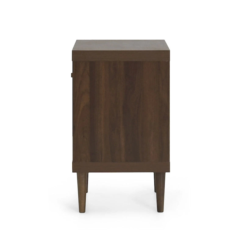 Table de chevet Mid-Century Modern en noyer imitation bois avec un tiroir et une étagère ouverte