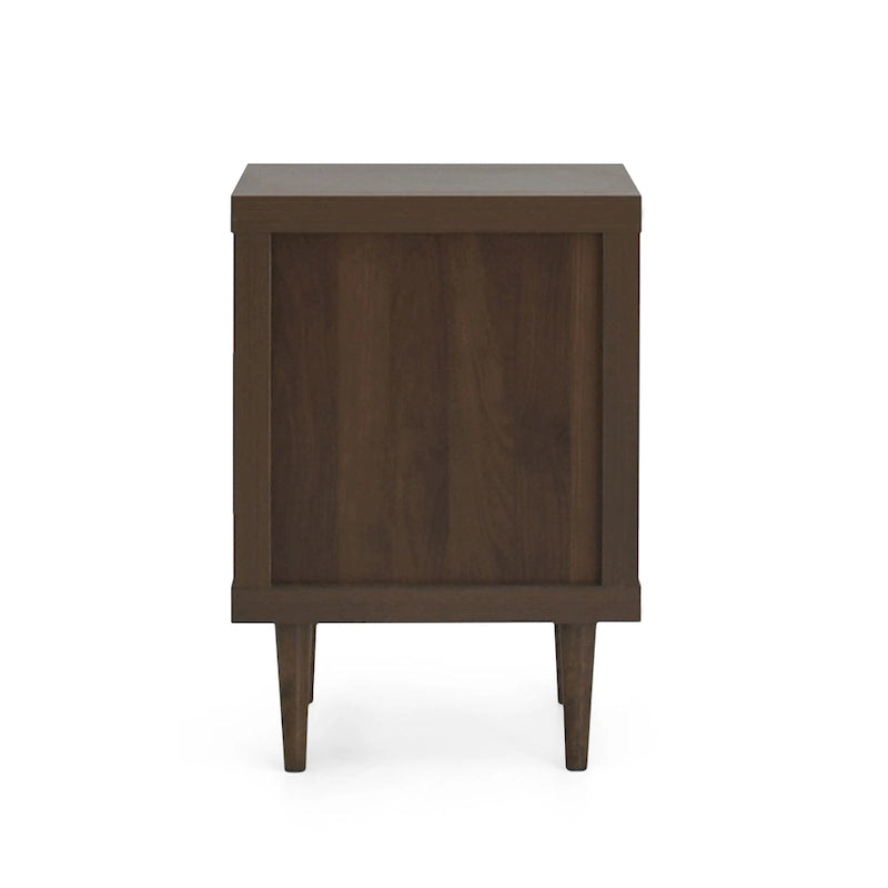 Table de chevet Mid-Century Modern en noyer imitation bois avec un tiroir et une étagère ouverte