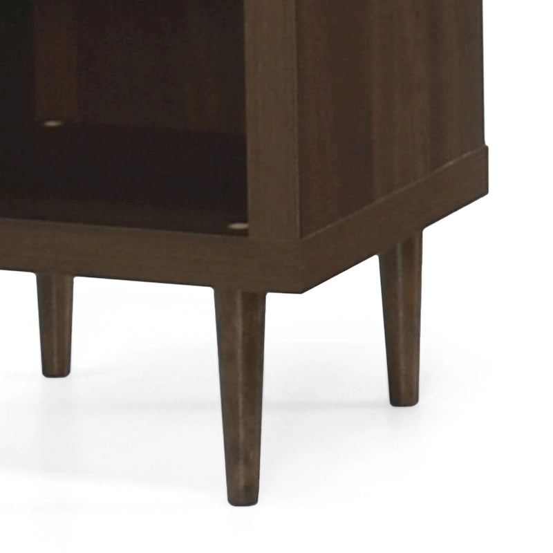 Table de chevet Mid-Century Modern en noyer imitation bois avec un tiroir et une étagère ouverte