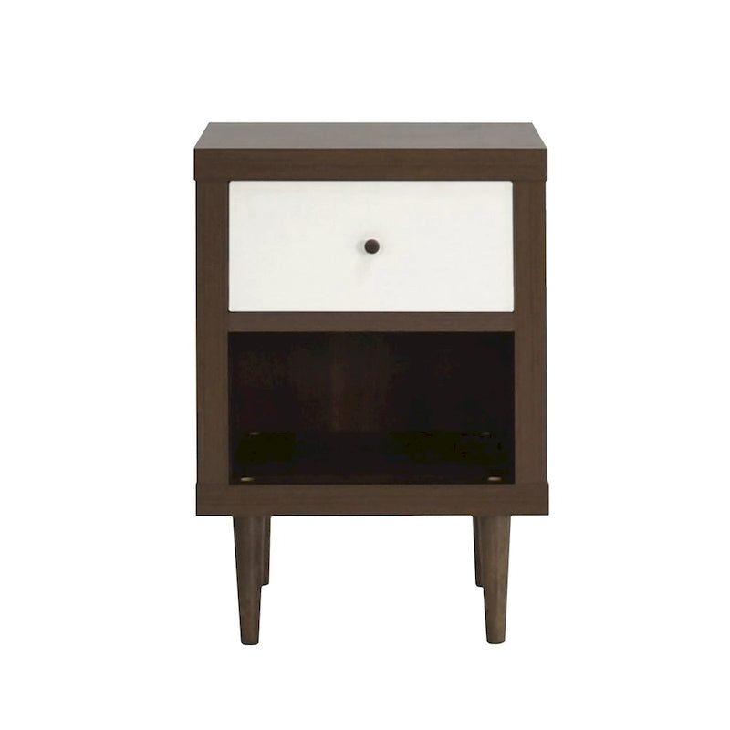 Table de chevet Mid-Century Modern en noyer imitation bois avec un tiroir et une étagère ouverte
