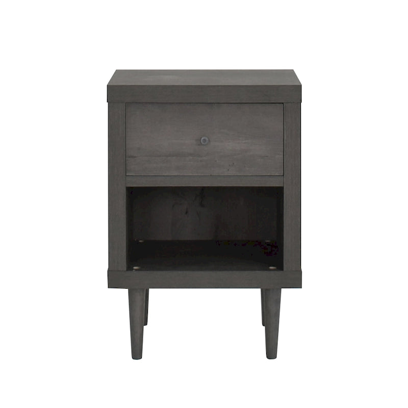 Table de chevet Mid-Century Modern en noyer imitation bois avec un tiroir et une étagère ouverte
