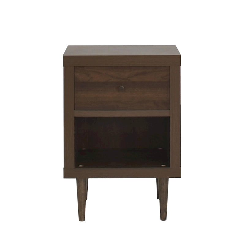 Table de chevet Mid-Century Modern en noyer imitation bois avec un tiroir et une étagère ouverte