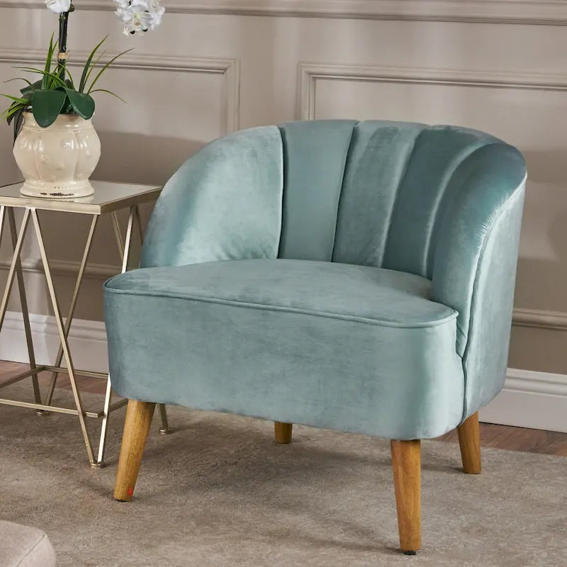 Fauteuil club moderne en velours avec pieds en bois de noyer