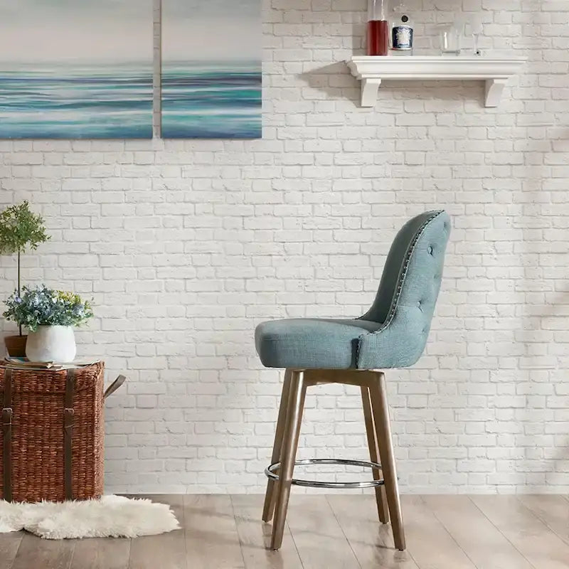 Tabouret de comptoir rembourré capitonné avec pieds en bois naturel bleus pivotant à 360 degrés