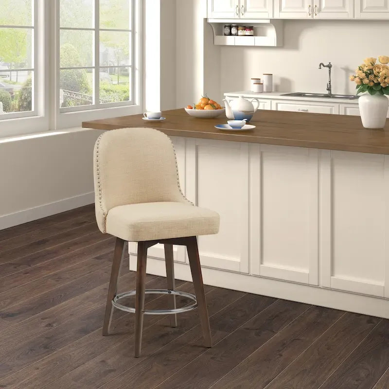 Tabouret de comptoir rembourré capitonné avec pieds en bois naturel bleus pivotant à 360 degrés
