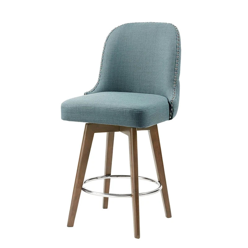 Tabouret de comptoir rembourré capitonné avec pieds en bois naturel bleus pivotant à 360 degrés