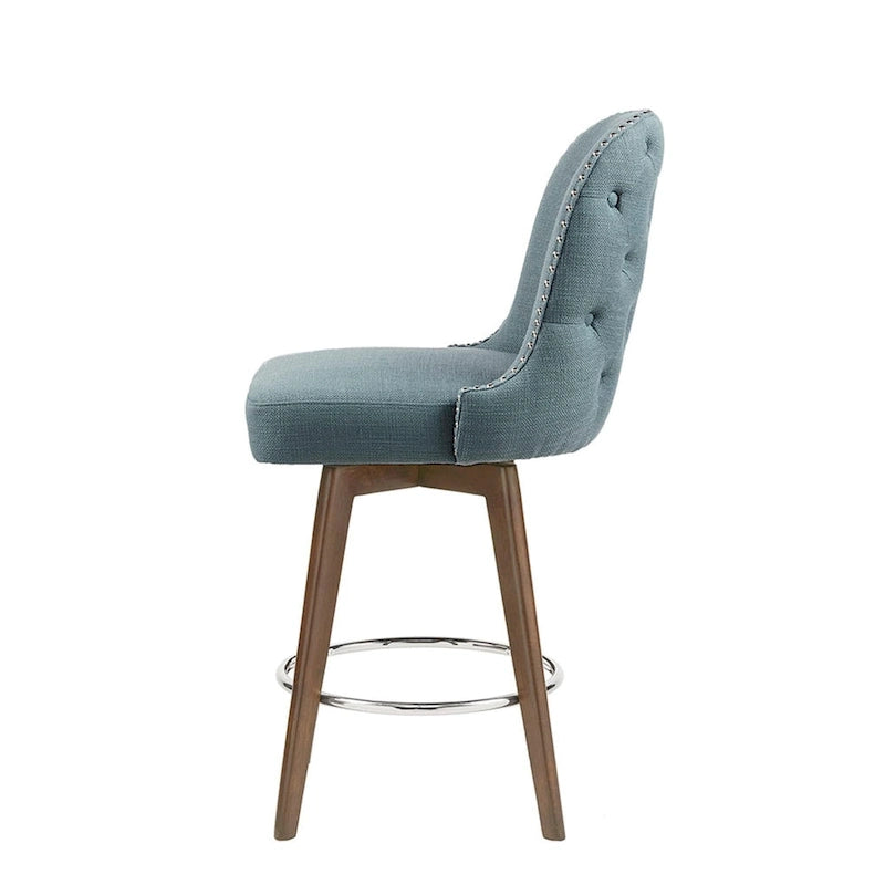 Tabouret de comptoir rembourré capitonné avec pieds en bois naturel bleus pivotant à 360 degrés