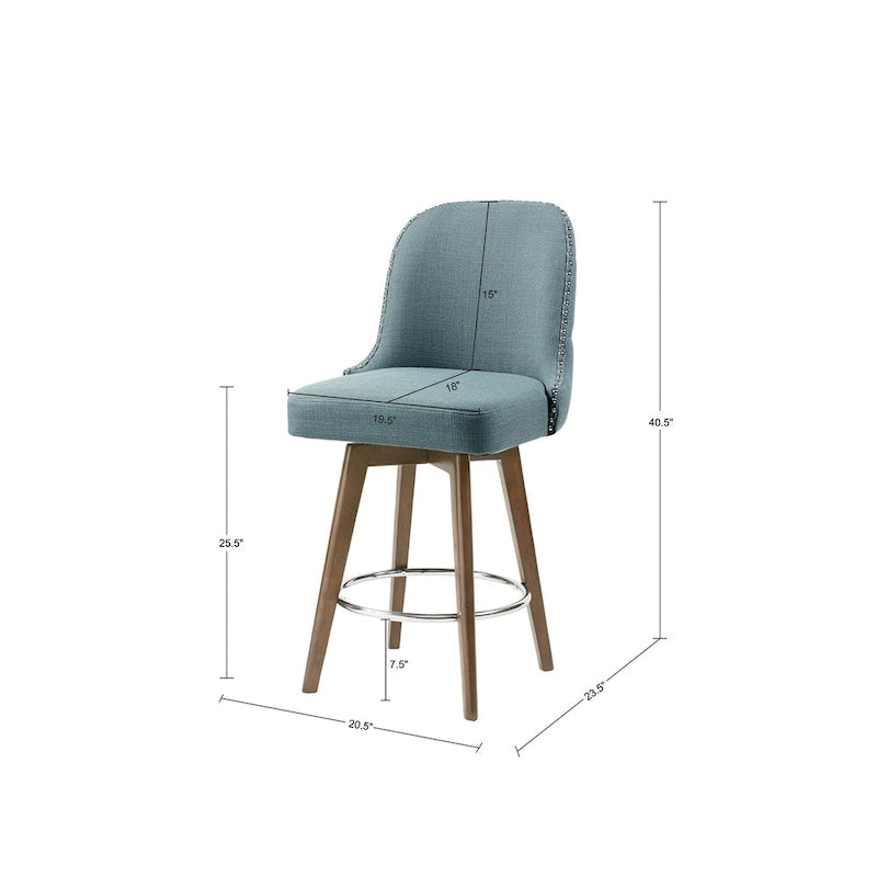 Tabouret de comptoir rembourré capitonné avec pieds en bois naturel bleus pivotant à 360 degrés