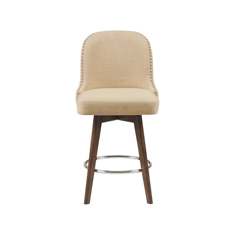 Tabouret de comptoir rembourré capitonné avec pieds en bois naturel bleus pivotant à 360 degrés