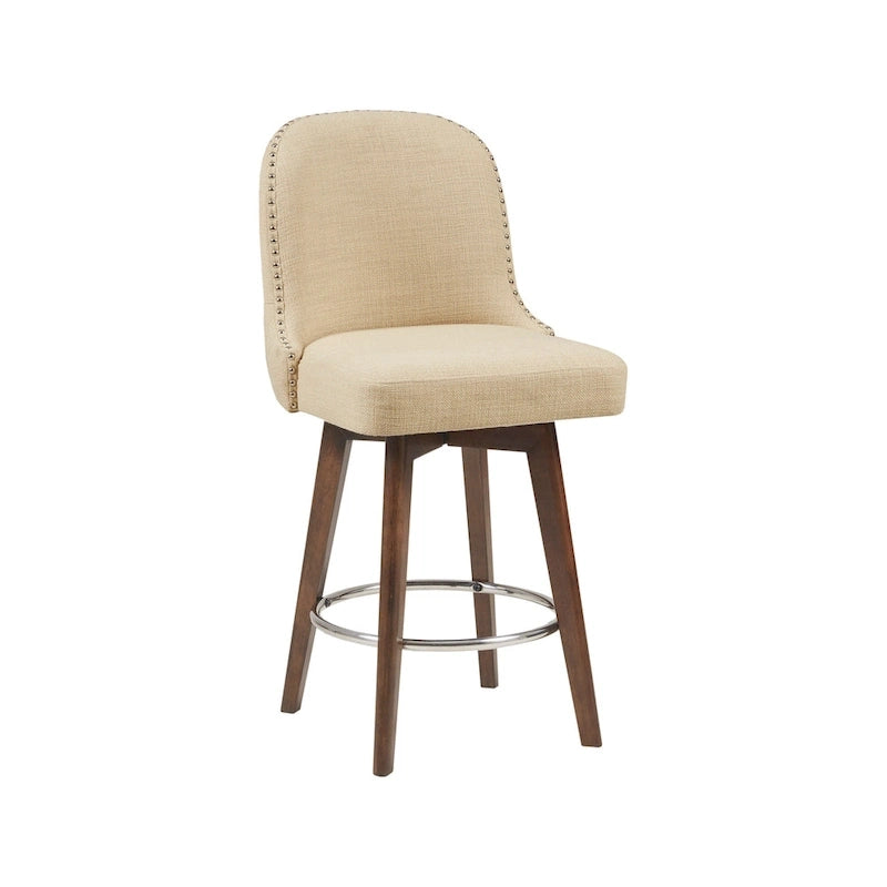 Tabouret de comptoir rembourré capitonné avec pieds en bois naturel bleus pivotant à 360 degrés