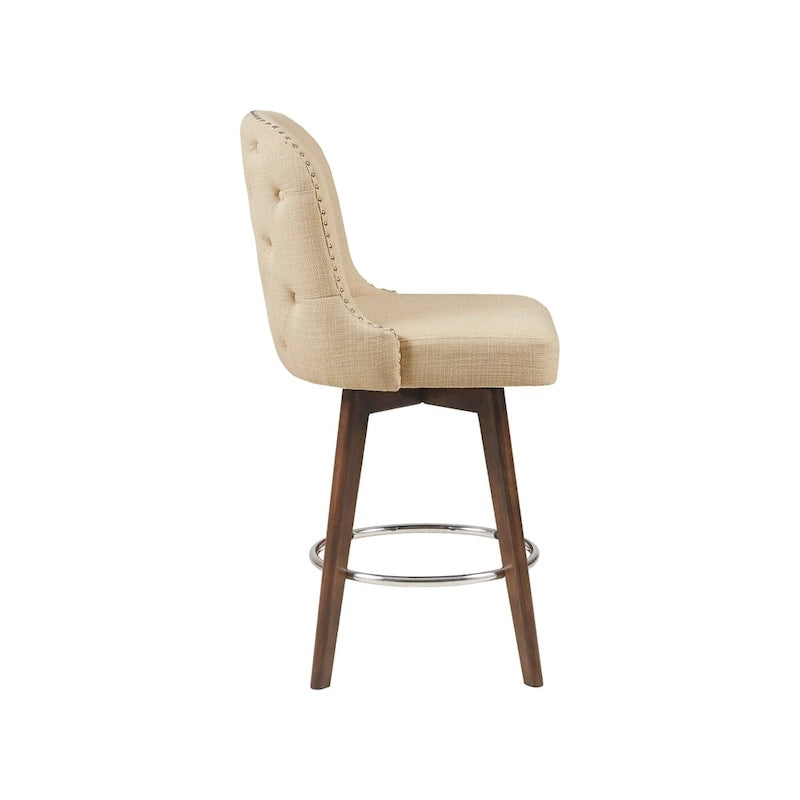 Tabouret de comptoir rembourré capitonné avec pieds en bois naturel bleus pivotant à 360 degrés