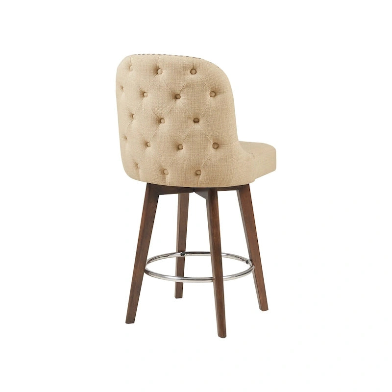 Tabouret de comptoir rembourré capitonné avec pieds en bois naturel bleus pivotant à 360 degrés