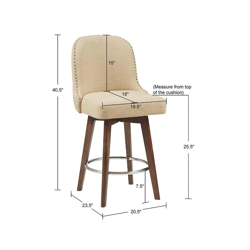 Tabouret de comptoir rembourré capitonné avec pieds en bois naturel bleus pivotant à 360 degrés