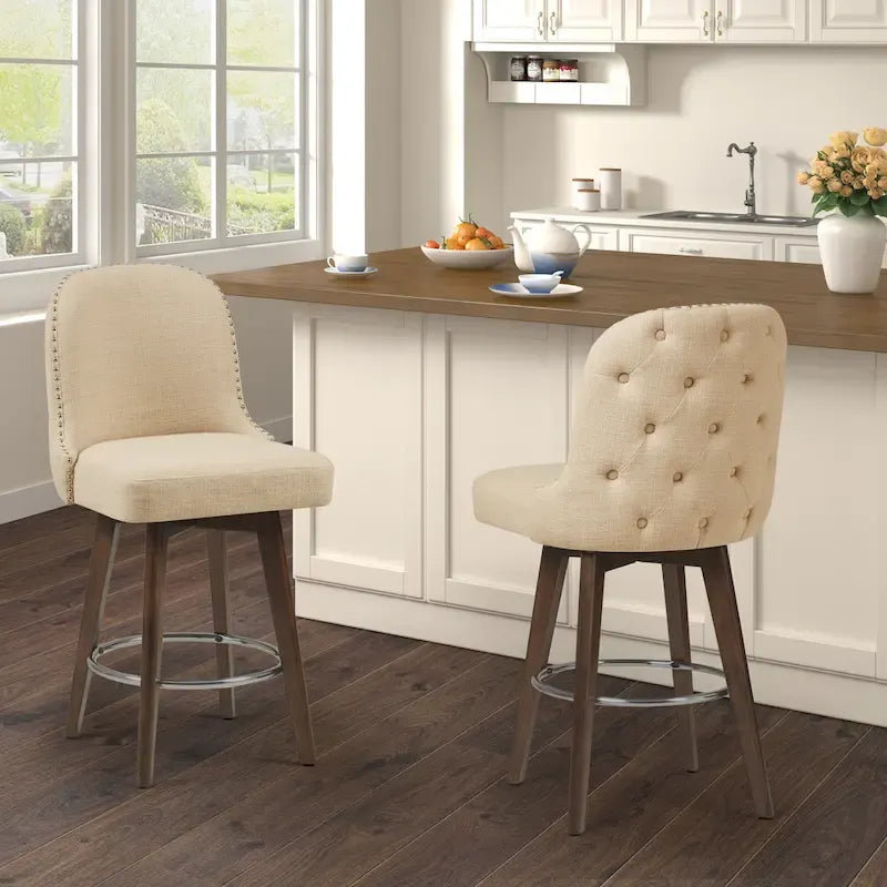 Tabouret de comptoir rembourré capitonné avec pieds en bois naturel bleus pivotant à 360 degrés