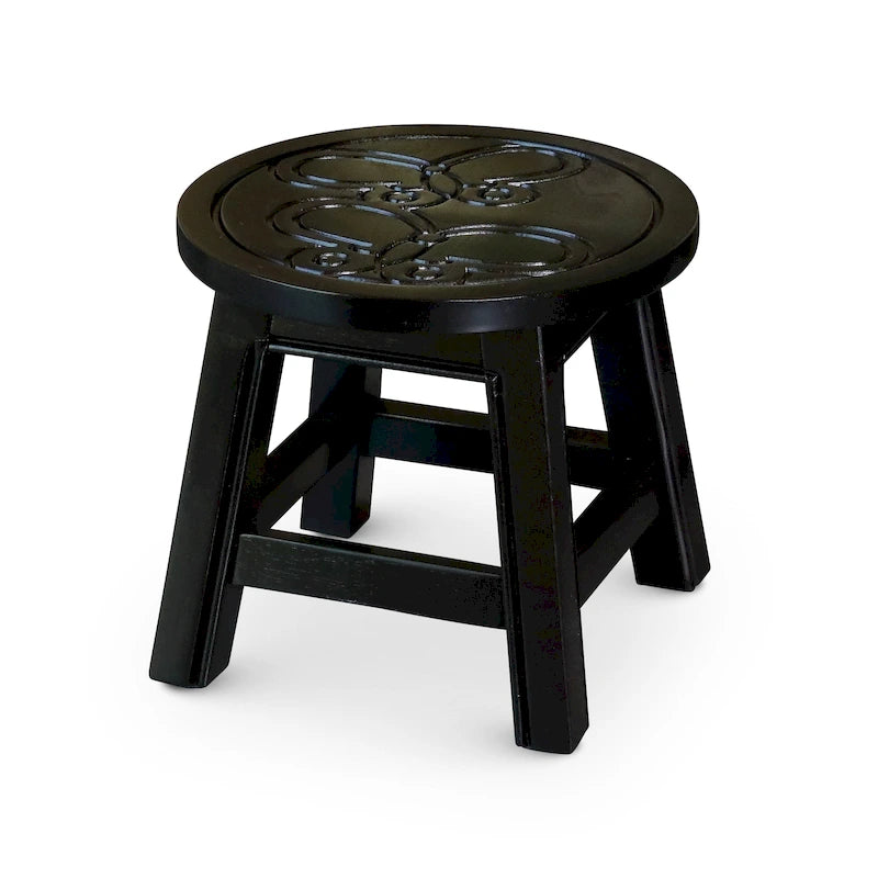 Tabouret escabeau sculpté en hévéa blanc antique à motif fantaisiste