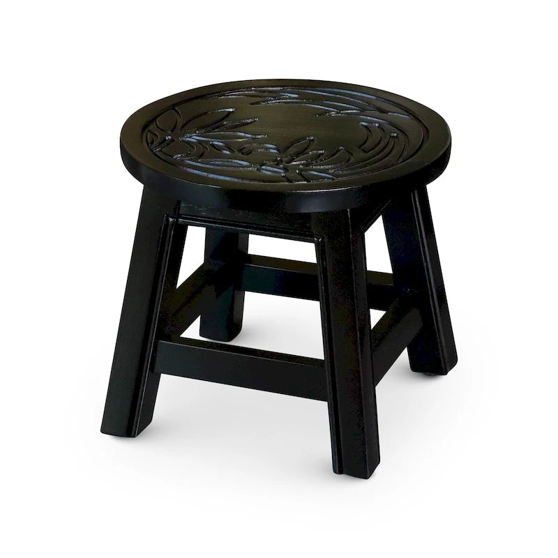 Tabouret escabeau sculpté en hévéa blanc antique à motif fantaisiste