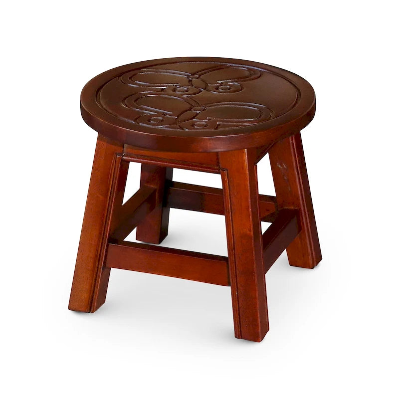 Tabouret escabeau sculpté en hévéa blanc antique à motif fantaisiste