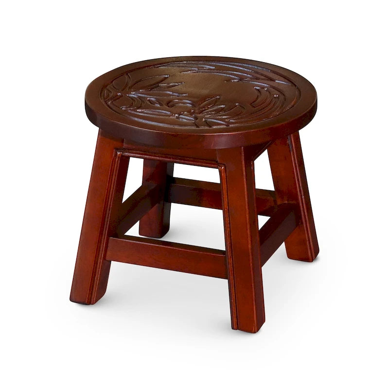 Tabouret escabeau sculpté en hévéa blanc antique à motif fantaisiste