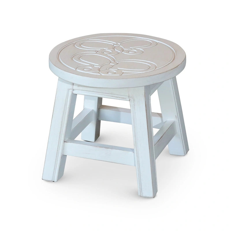 Tabouret escabeau sculpté en hévéa blanc antique à motif fantaisiste