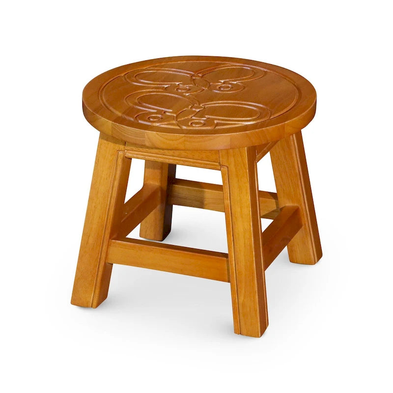 Tabouret escabeau sculpté en hévéa blanc antique à motif fantaisiste