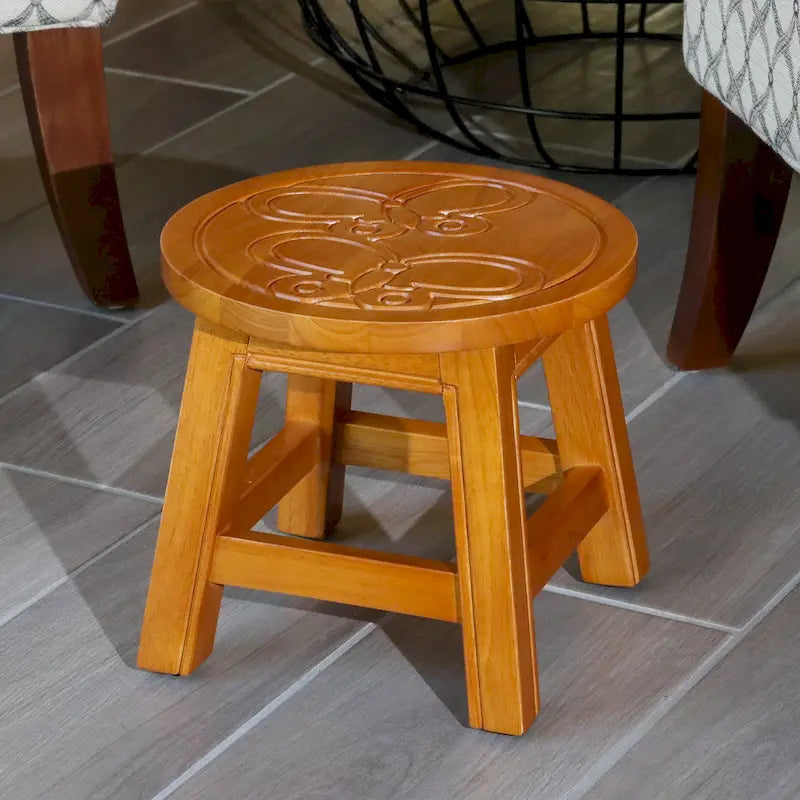 Tabouret escabeau sculpté en hévéa blanc antique à motif fantaisiste