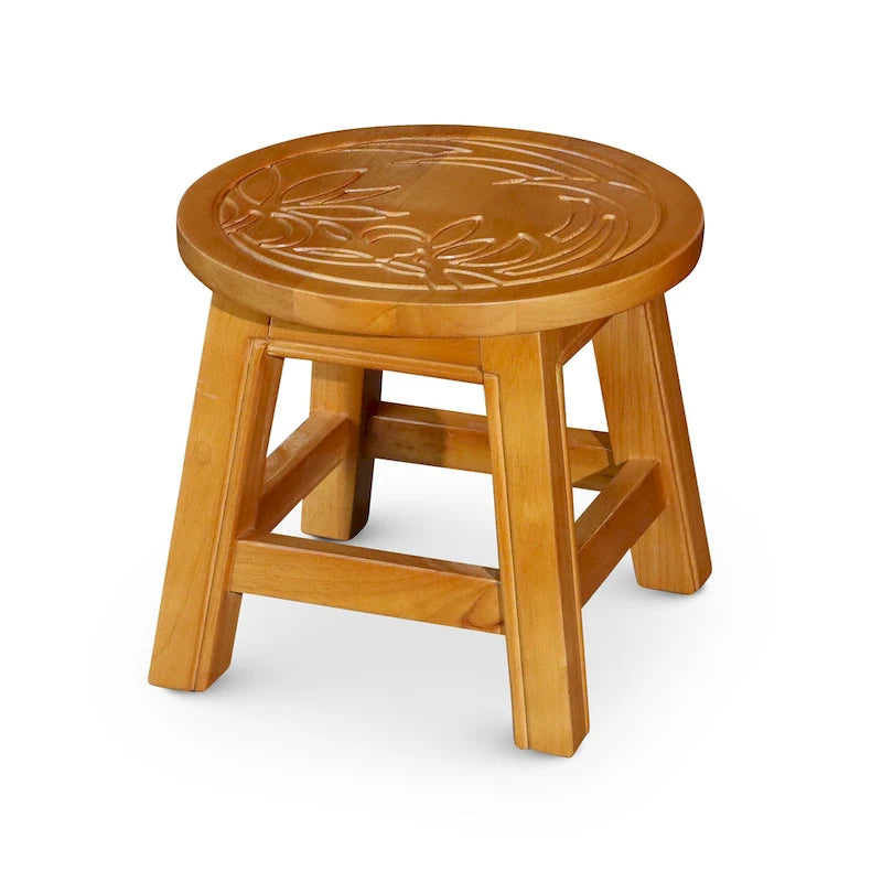 Tabouret escabeau sculpté en hévéa blanc antique à motif fantaisiste