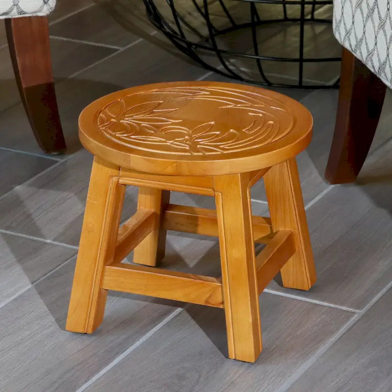 Tabouret escabeau sculpté en hévéa blanc antique à motif fantaisiste