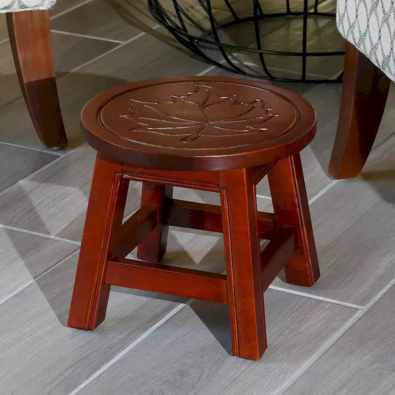 Tabouret escabeau sculpté en hévéa blanc antique à motif fantaisiste