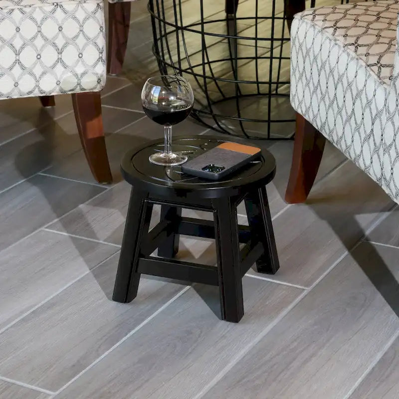 Tabouret escabeau sculpté en hévéa blanc antique à motif fantaisiste