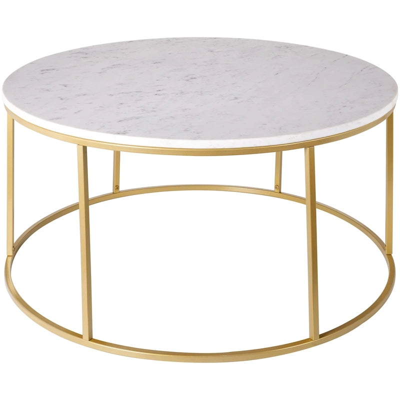 Table basse ronde en matériaux mixtes avec piètement en métal noir, plateau en bois marron