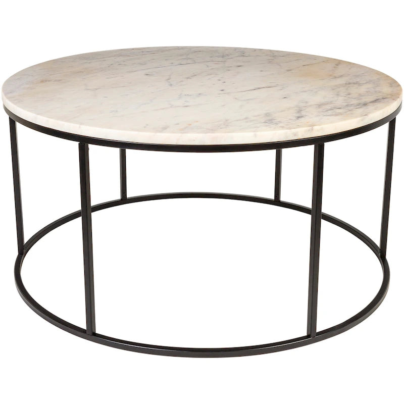 Table basse ronde en matériaux mixtes avec piètement en métal noir, plateau en bois marron
