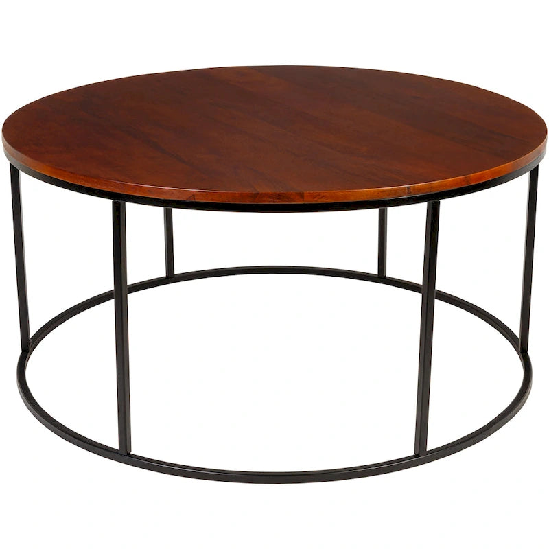 Table basse ronde en matériaux mixtes avec piètement en métal noir, plateau en bois marron