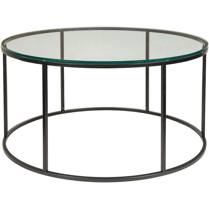 Table basse ronde en matériaux mixtes avec piètement en métal noir, plateau en bois marron