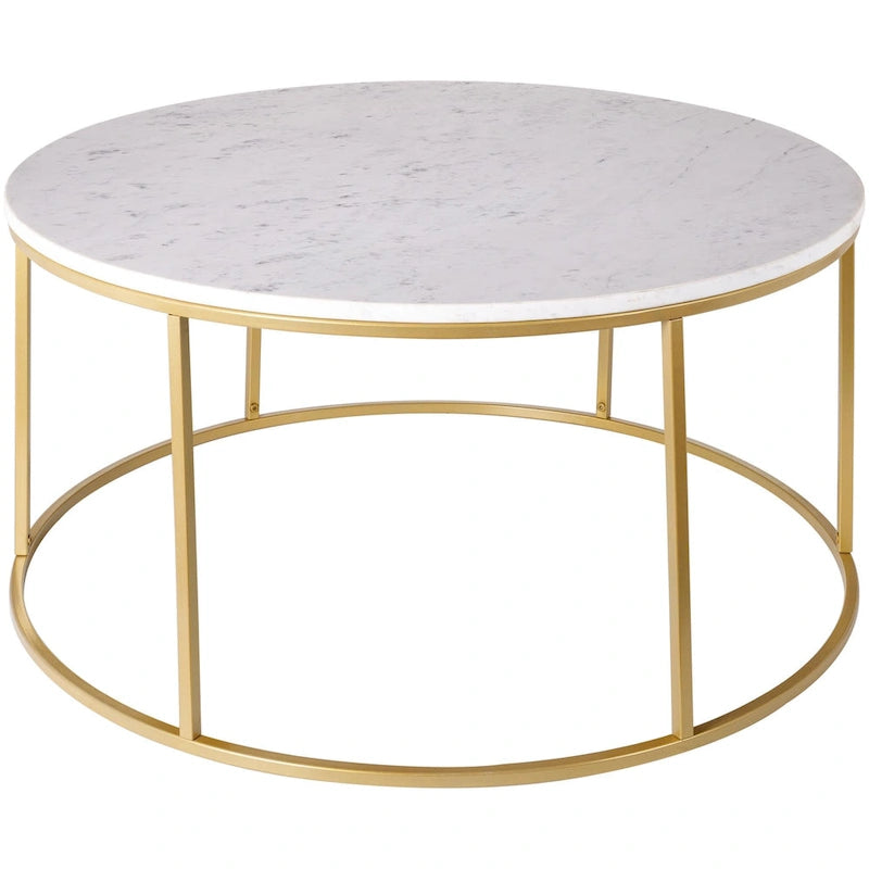 Table basse ronde en matériaux mixtes avec piètement en métal noir, plateau en bois marron
