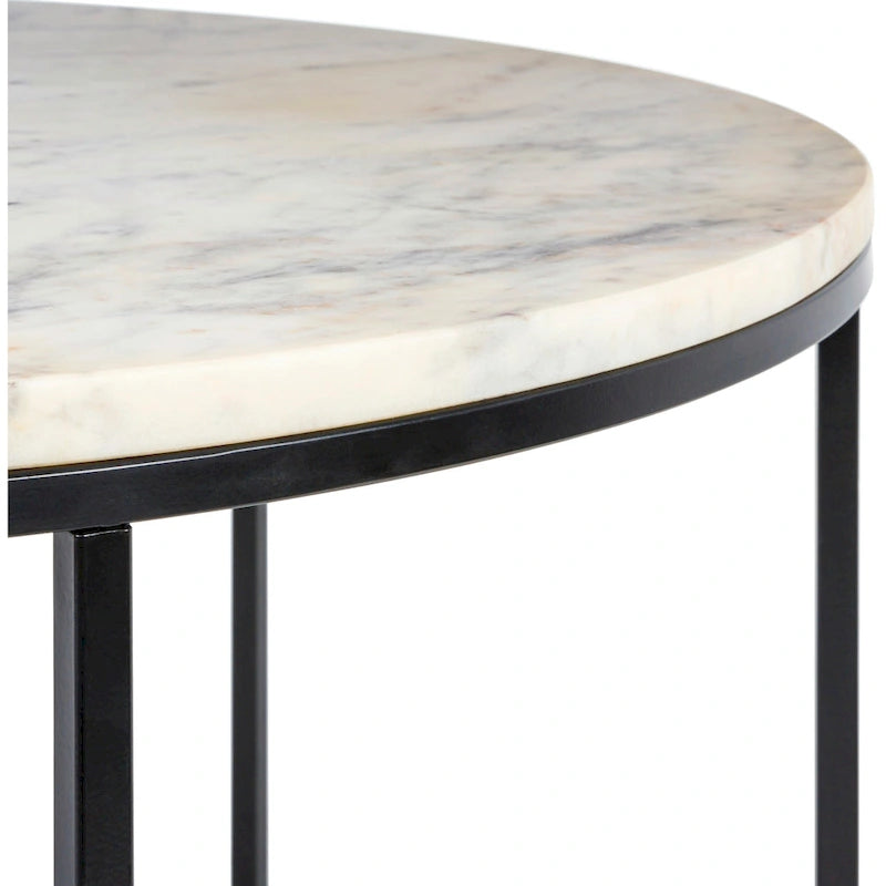 Table basse ronde en matériaux mixtes avec piètement en métal noir, plateau en bois marron