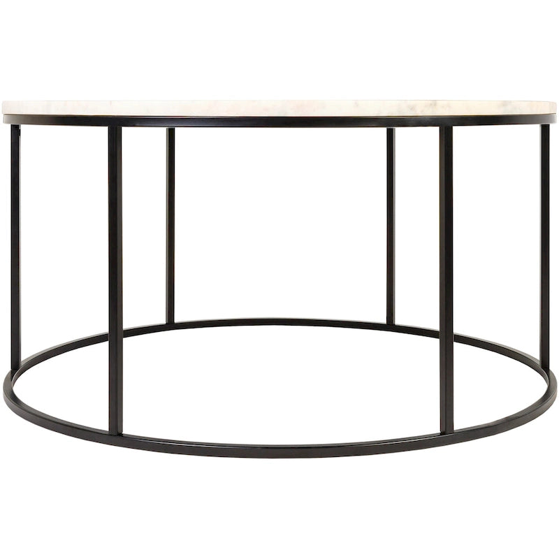 Table basse ronde en matériaux mixtes avec piètement en métal noir, plateau en bois marron