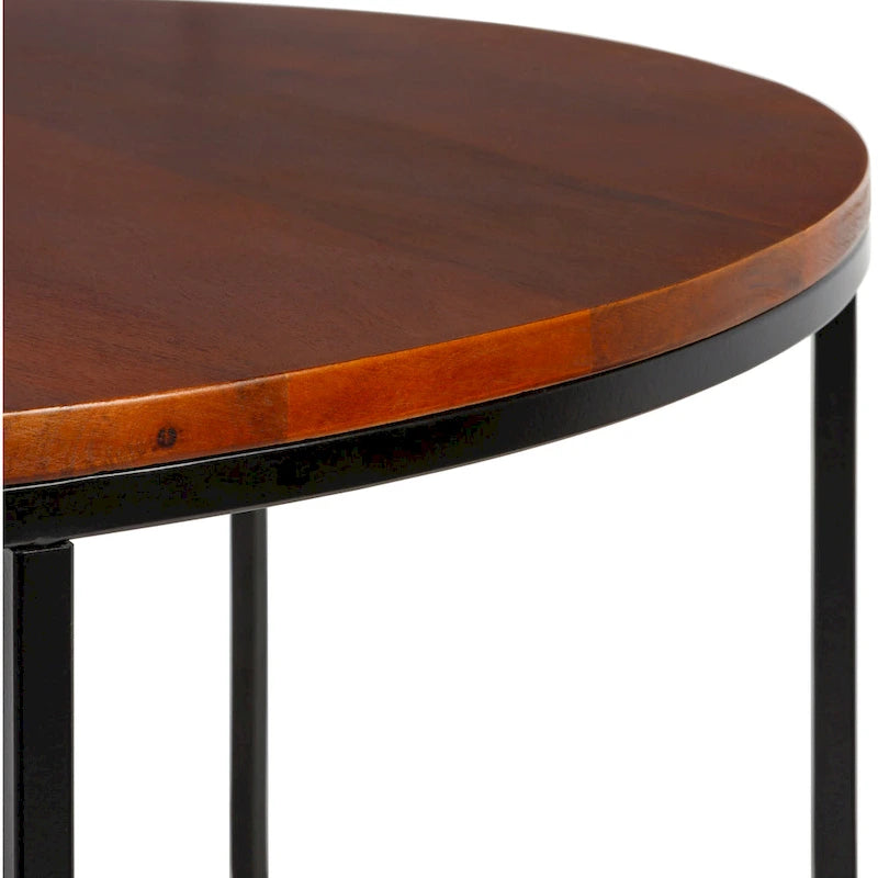 Table basse ronde en matériaux mixtes avec piètement en métal noir, plateau en bois marron