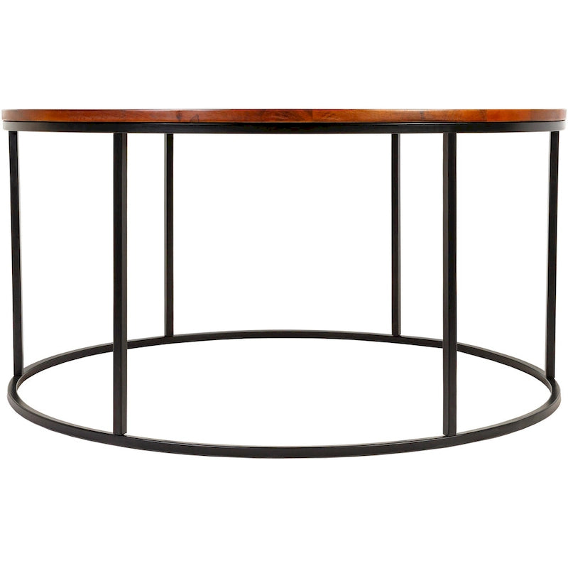 Table basse ronde en matériaux mixtes avec piètement en métal noir, plateau en bois marron